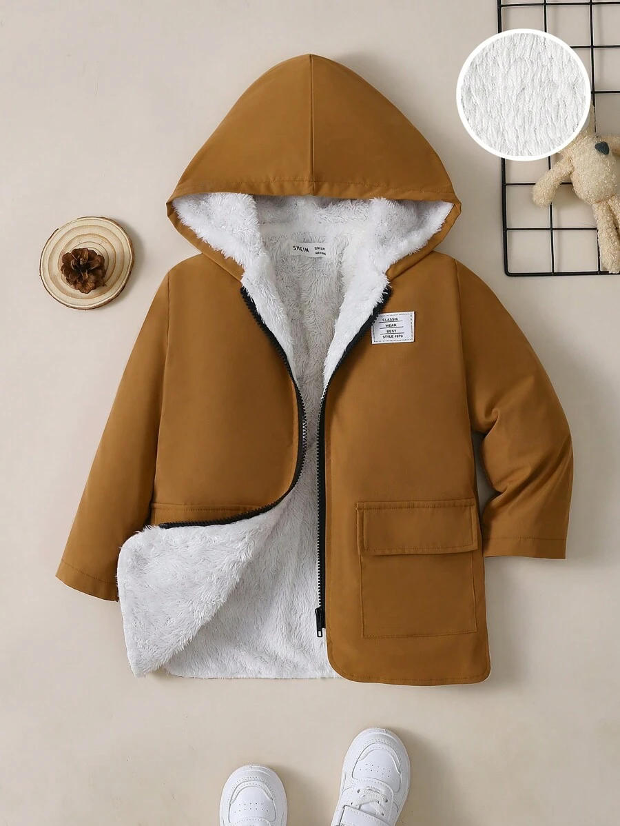 SHEIN 男小童字母補丁細節毛絨內襯連帽外套