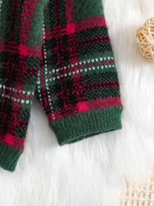 Baby Girl Plaid Pattern Button Detail Sweater - Army Green - View 5