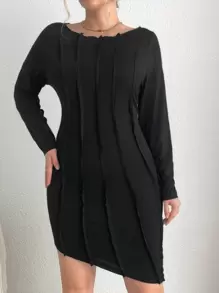 SHEIN Essnce 大碼接縫細節緊身洋裝 - 黑色 - 查看 4