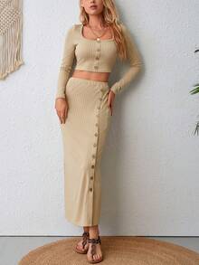 SHEIN VCAY Button Front Crop Tee & Split Thigh Skirt - Brown - View 6