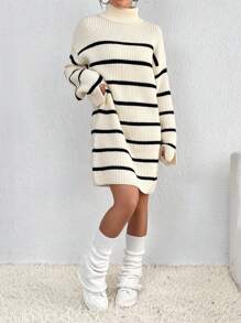 Flirla Striped Pattern Drop Shoulder Sweater Dress