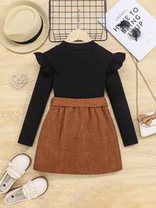 女大童荷葉邊T恤&腰帶半身裙 - 棕色 - 查看 2