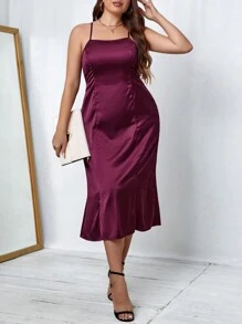 SHEIN Belle Vestido de camiseta de satén color rojo borgoña sólido - Burdeos - Ver 5