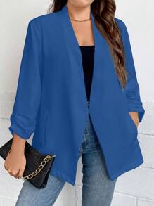 SHEIN Essnce 大碼抽褶袖開門襟西裝外套 - 寶藍色 - 查看 1