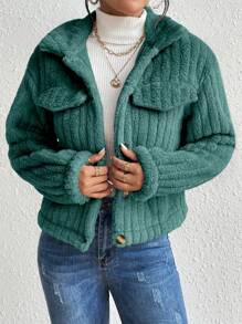 Lyxana Flap Detail Flannelette Jacket Fall Winter Cloth For Women - Green - View 3