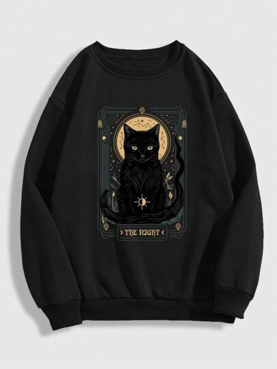 Goth Cat & Letter Graphic Thermal Lined Sweatshirt, School Graduation,Back To School Outfits,Graduation,Teacher Outfits For Women,Back To School