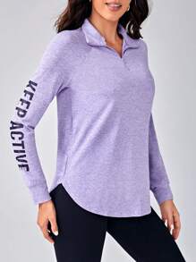 SHEIN Sovereign Charm 字母图案插肩袖四分之一拉链运动长袖运动衫拉链连帽衫秋季运动衫 - 淡紫色 - 查看 4