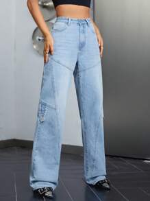 SHEIN ICON High Waist Slant Pocket Straight Leg Jeans