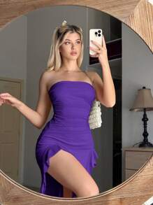 SHEIN Sweetina Xù Bất đối xứng Viền Ruffle Váy ống - Màu tím - Xem 3