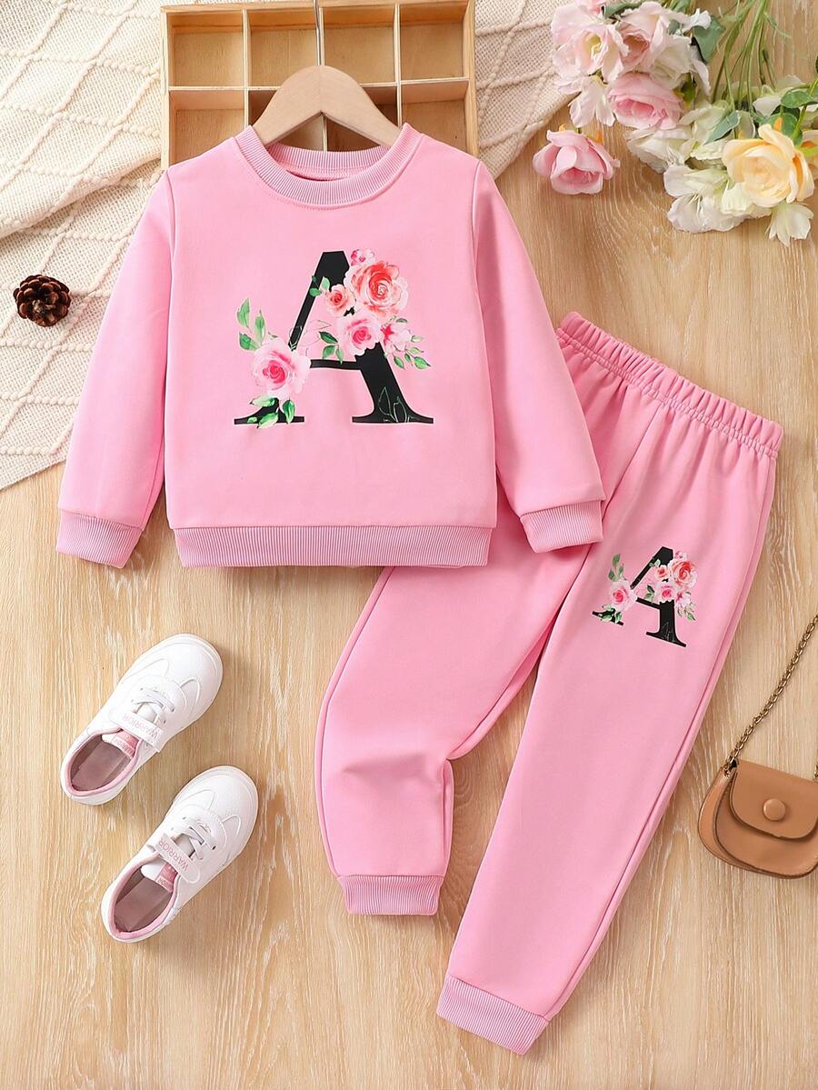 SHEIN 女小童花卉和字母圖案衛衣和衛褲 - 粉色 - 查看 1
