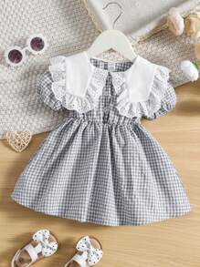 Baby Girl Gingham Print Statement Collar Puff Sleeve Ruffle Trim Dress, For Christmas - Grey - View 1