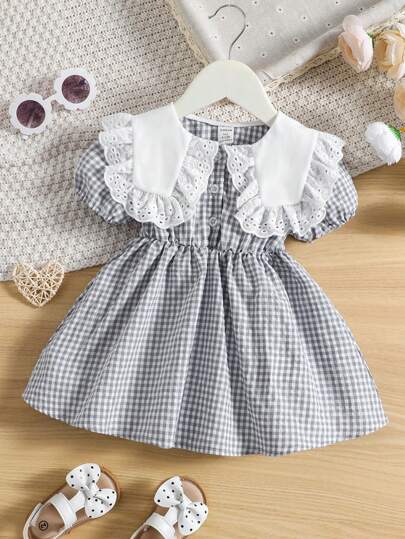 Baby Girl Gingham Print Statement Collar Puff Sleeve Ruffle Trim Dress, For Christmas