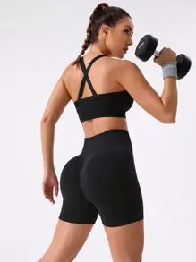 SHEIN Sports 收臀彈力腰寬運動摩托車短褲，緊身短褲 - 黑色 - 查看 5