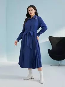 Mulvari 大碼素色腰帶襯衫洋裝 - 藏蓝色 - 查看 3