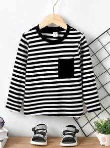 SHEIN Young Boy Striped Print Pocket Patched Tee - Black - View 1