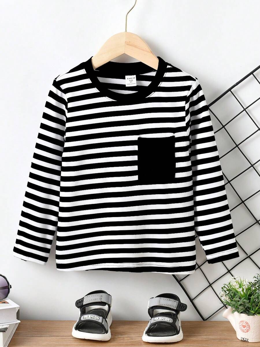 SHEIN Young Boy Striped Print Pocket Patched Tee - Black - View 1
