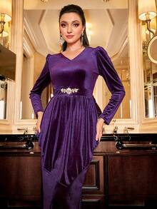 Modelyn Rhinestone Chi tiết Phù hợp Nhung Đầm - Màu tím - Xem 6