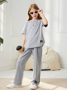 SHEIN Tween Girl Letter Patched Detail Tee & Pants - Light Grey - View 5