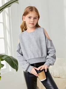 SHEIN Tween Girl Cold Shoulder Cut Out Back Pullover - Light Grey - View 5