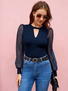 SHEIN Privé 鎖眼領網紗拼接燈籠袖上衣 - 藏蓝色 - 查看 6