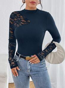 SHEIN Privé Camiseta con encaje en contraste de cuello alto - Azul Marino - Ver 5