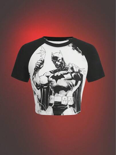 Batman X ROMWE Camiseta de ajuste ceñido con mangas raglán con contraste y estampado de personaje de anime para tallas grandes, para verano y escuela