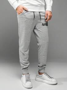 RueChic Men Letter Graphic Drawstring Waist Joggers - Grey - View 4