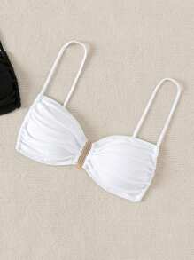 SHEIN Swim Áo bikini nhún bèo đi biển mùa hè - Đen và trắng - Xem 5