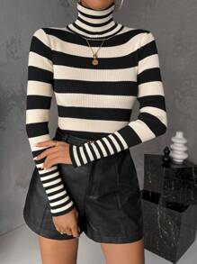 Celisse Striped Pattern Turtleneck Sweater,Long Sleeve Tops Knit Pullover Fall Winter Outfit - Multicolor - View 6