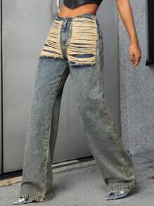 SHEIN ICON 破洞闊腿牛仔褲 - 銅色 - 查看 5