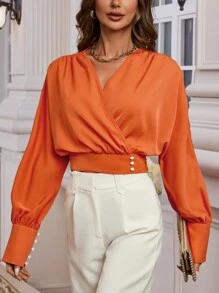 SHEIN Clasi 交疊領紐扣細節短款襯衫 - 橘色 - 查看 3