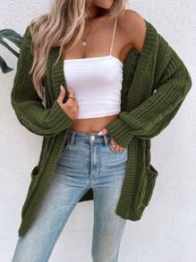 SHEIN LUNE Cable Knit Drop Shoulder Pocket Patched Duster Cardigan - Army Green - View 3