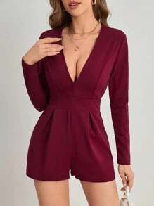 SHEIN BAE 深V領四四方方百褶連身短褲 - 紫紅色 - 查看 1