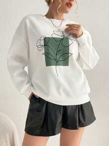 SHEIN Essnce Hơn In hoa Thả vai Áo nỉ - trắng - Xem 1