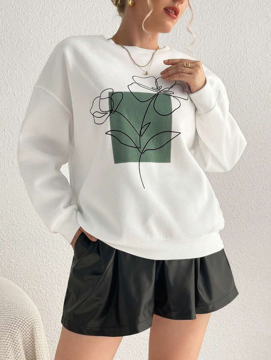 SHEIN Essnce Hơn In hoa Thả vai Áo nỉ - trắng - Xem 1