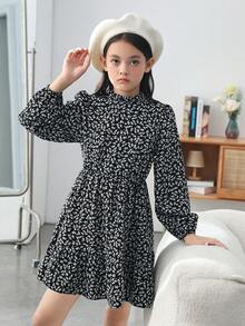 Cô gái Tween In hoa Ditsy Tay áo lồng đèn Xù Hoa Sen Váy Smock - Đen và trắng - Xem 5