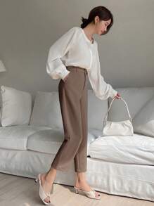 DAZY Pantalones rectos sueltos de unicolor casual y de negocios para mujeres, pantalones de vestir para mujeres, pantalones para maestras - Marrón - Ver 4