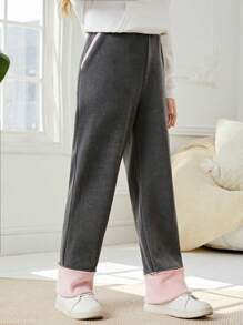 Tween Girl Contrast Panel Straight Leg Pants - Black and White - View 1