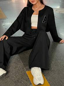 SHEIN EZwear Thư được vá Áo khoác & Eo dây rút Quần - màu đen - Xem 4