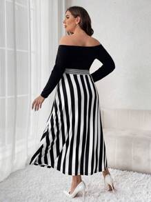 SHEIN Clasi Women's Plus Size Striped Off Shoulder Dress - Black and White - View 2
