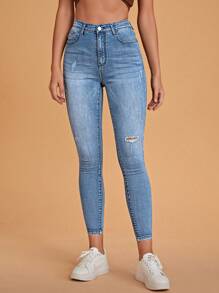 SHEIN Essnce Ripped Skinny Zipper Fly Jeans - Light Wash - View 5