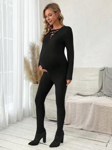 SHEIN Maternity Lace Up Front Unitard Jumpsuit - Black - View 3
