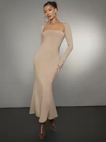 SHEIN BAE Square Neck Flare Sleeve Mermaid Hem Bodycon Dress - Khaki - View 3