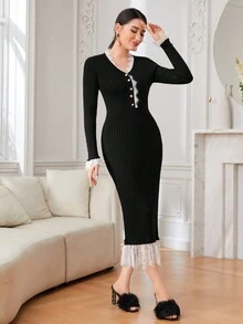 Modelyn Contrast Lace Button Front Sweater Dress Without Belt - Black - View 5