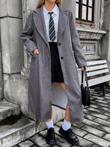 Flirla Hơn Cổ áo Ngực đơn Áo khoác - Xám - Xem 3