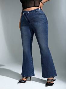 SHEIN ICON Plus Star Pattern Flare Leg Jeans - Blue - View 4