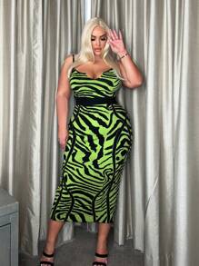SHEIN SXY Plus Zebra Striped Pattern Cami Sweater Dress - Green - View 5