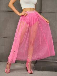 SHEIN Unity 太陽和月亮亮片高腰網紗覆蓋金屬亮絲半身裙 - 粉色 - 查看 5