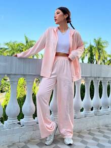 SHEIN Unity Zip Up Drop Shoulder Hoodie & Sweatpants - Pink - View 1