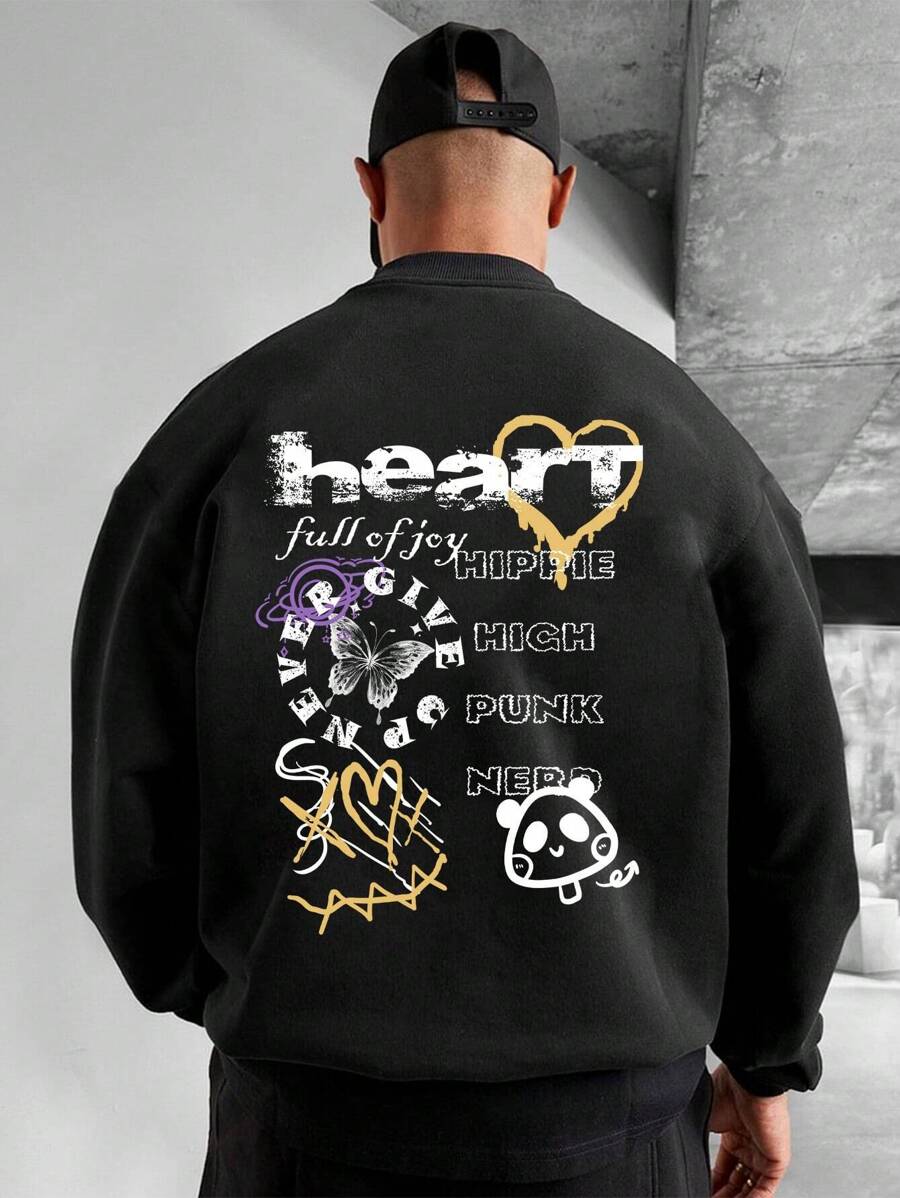 Manfinity Homme Loose Fit Men's Sweatshirt With Slogan & Cartoon Graphic - Black - View 1